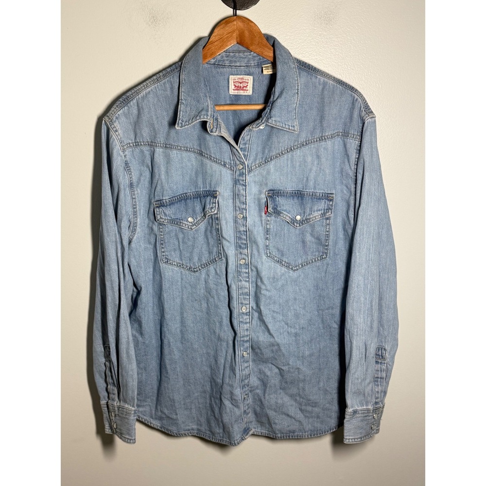 Levis Womens Western Denim Shirt Light Wash Pearl Snap Button Down XL